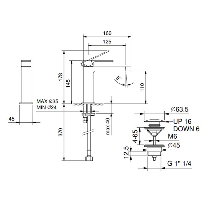 FANTINI MINT Смеситель для раковины на 1 отверстие, однорычажный, излив 125 мм., с нажимным донным клапаном, цвет черный матовый