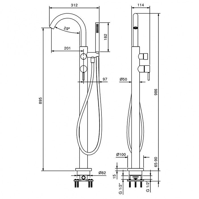 Смеситель для ванны и душа, Fantini, Nostromo, тип открывания воды-рычажный, монтаж-горизонтальный (напольный), отверстия для монтажа-1, вынос излива, мм-201, в комплекте-ручка, ручная лейка, форма лейки-цилиндрическая, гибкий шланг,мм-1500, впуски 1/2'',