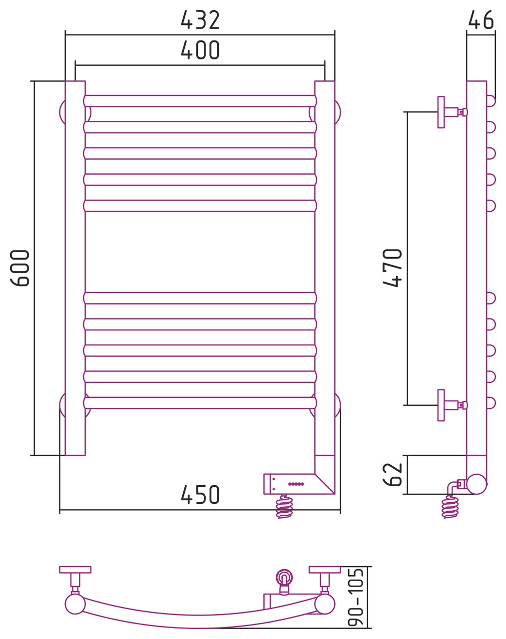 Полотенцесушитель электрический "БОГЕМА 2.0" 600х400 / МЭМ правый (Без покрытия)