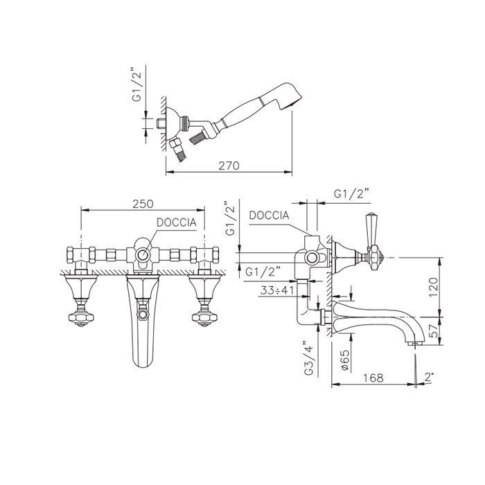 Nicolazzi Teide Chic Смеситель для ванны с 2мя ручками, встроенный, вкл. внутр часть + комплект руч. душа, цвет: хром