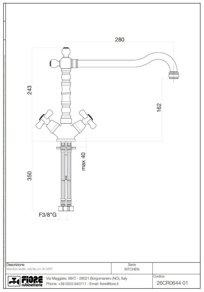 Fiore Margot, двухвентильный смеситель для кухни (поворотный излив 28 см), без донного клапана, цвет хром