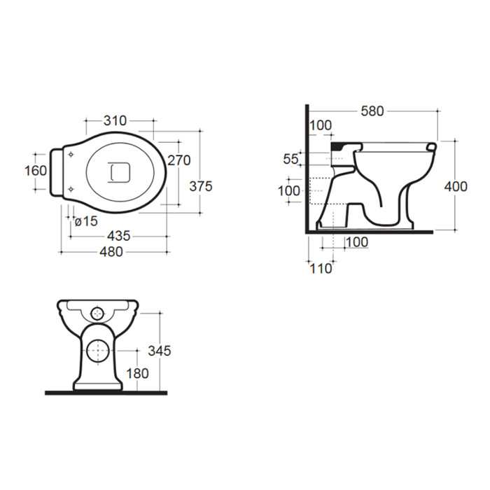 GLOBO Paestum Унитаз напольный (не пристенный) 58*37,5см, слив в стену, с комплектом креплений, цвет: белый