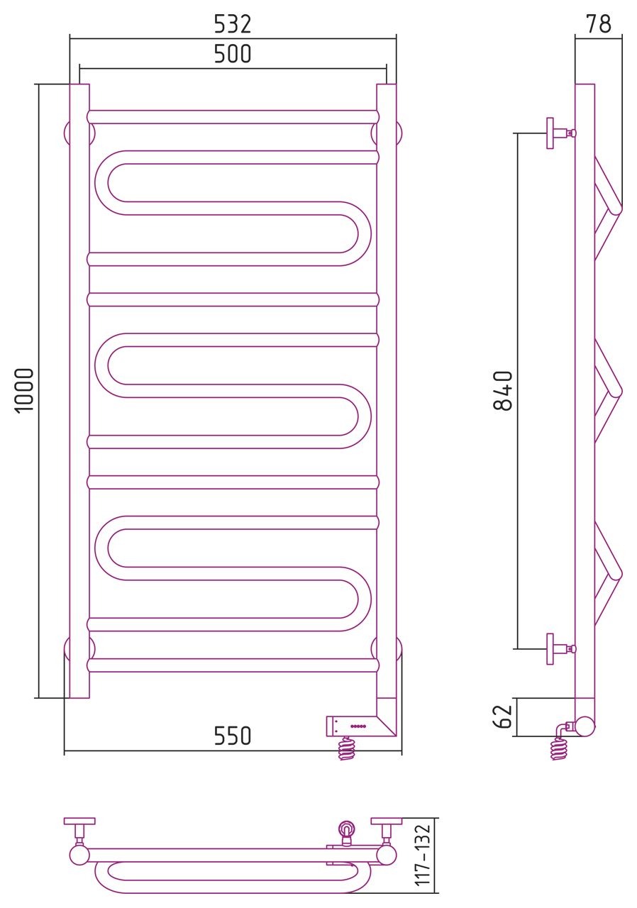 Полотенцесушитель электрический "ЭЛЕГИЯ 2.0" 1000х500 / МЭМ правый (Без покрытия)