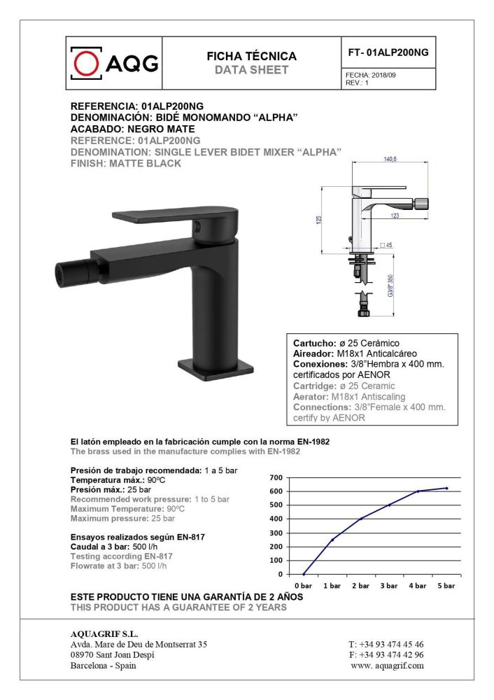 AQG Alpha, однорычажный смеситель для биде без донного клапана, цвет черный матовый, артикул 01ALP200NG