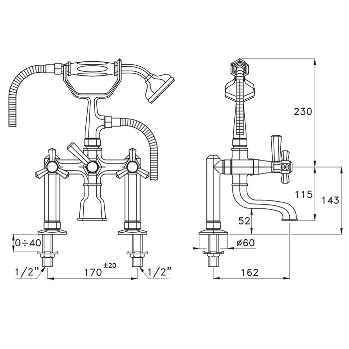 Stella Eccelsa Смеситель на борт ванны на 2 отверстия 3274RG306 с ручным душем, цвет: золото 24К