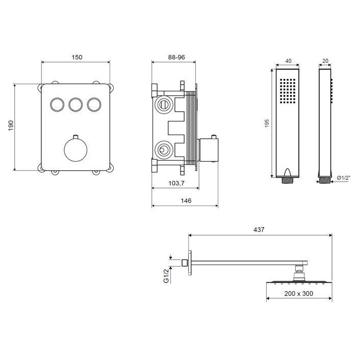 Термостатическая душевая система скрытого монтажа EXCELLENT Krotos AREX.SET.8046BL (черный мат)
