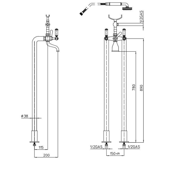 Bossini Liberty Смеситель для ванны, напольный, высота 890 мм, душ лейка Liberty шланг латунь, 150 см ½”FF,  цвет: античная бронза Bossini Liberty Смеситель для ванны, напольный, высота 890 мм, душ лейка Liberty шланг латунь, 150 см ½”FF,  цвет: античная бронза