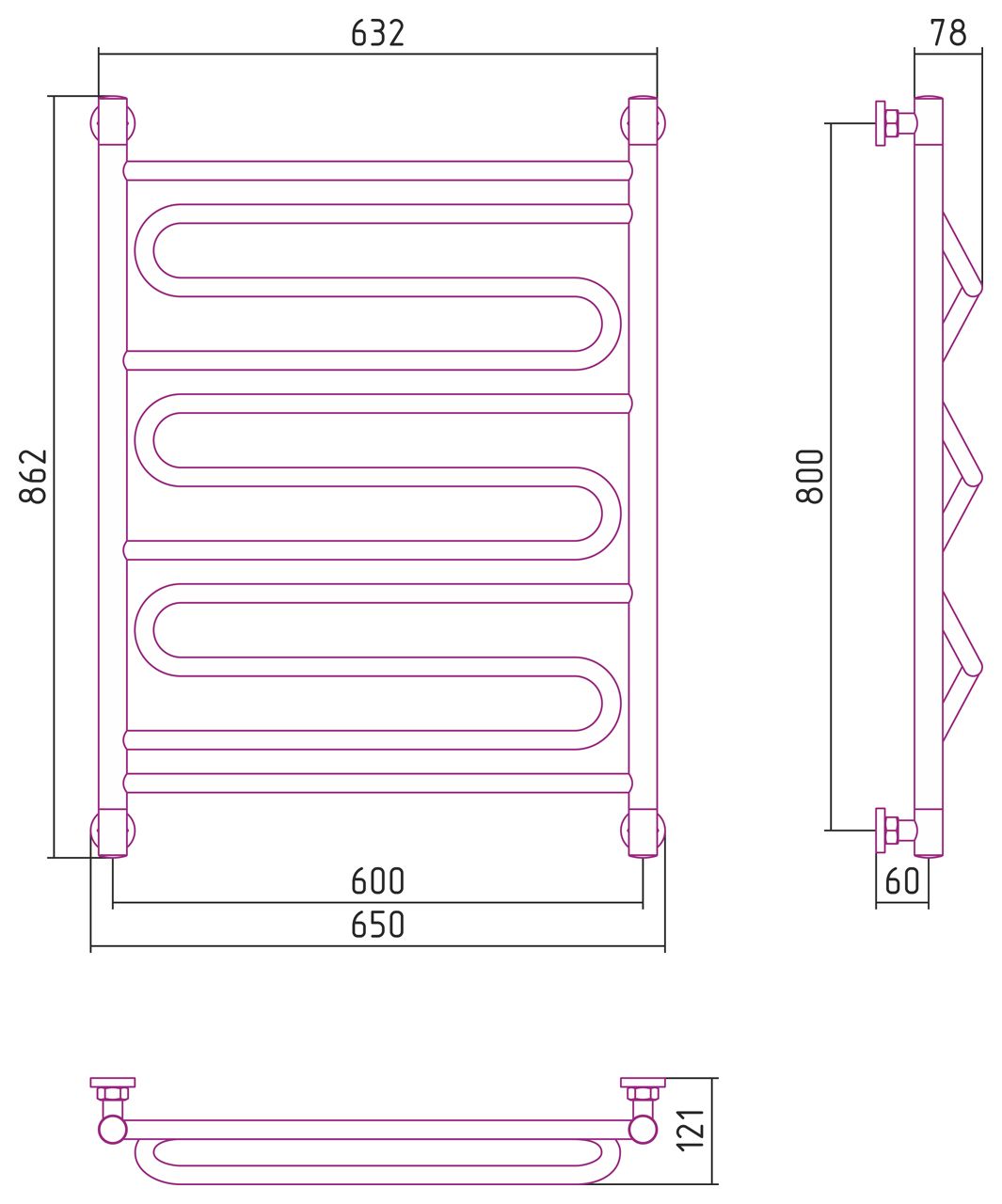 Полотенцесушитель водяной "ЭЛЕГИЯ+" 800х600 (Без покрытия)