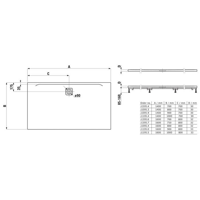 Душевой поддон, Laufen, Pro, ширина, мм-1400, глубина, мм-800, высота, мм-31, форма-прямоугольная, диаметр слива, мм-90, материал-Marbond, ультратонкий, слив по длинной стороне, цвет-белый матовый