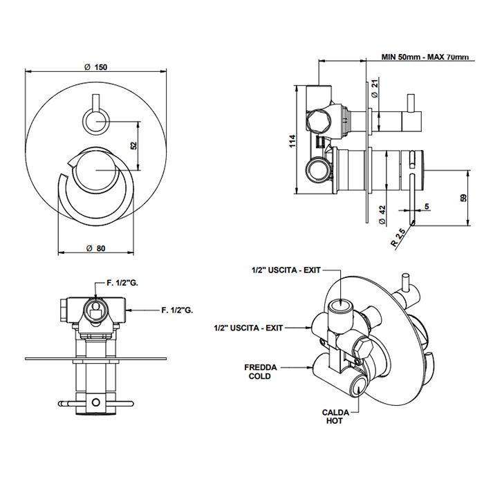 BONGIO LINEA Смеситель настенный встраиваемый, однорычажный, с переключателем на 2 положения, внешняя часть, цвет матированное золото, артикул 82519OPOPEU