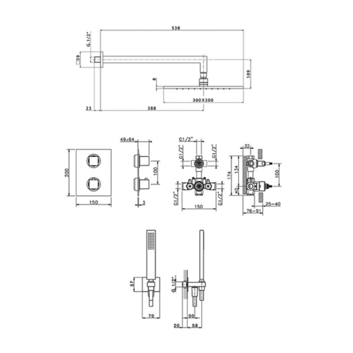 CISAL Wave Комплект для душа: термостатический смеситель с переключ, верхн душ с настен держ, ручн душ с держ и подводом воды, цвет Nichel Spazzolato