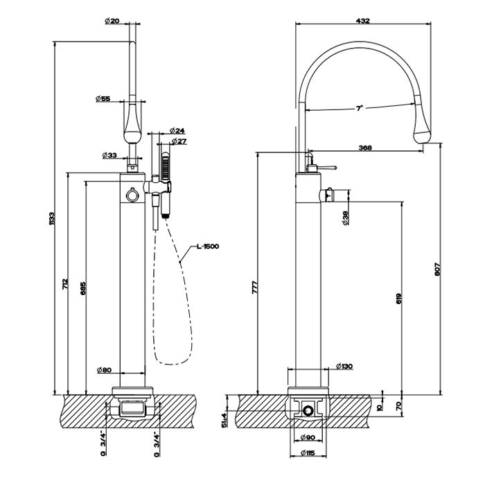 Gessi Goccia Смеситель для ванны напольный, термостатический, в комплекте с ручным душем и шлангом, наружная часть, цвет белый матовый
