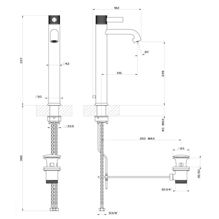 GESSI INCISO Смеситель для раковины на 1 отверстие, высокий h=337мм, с донным клапаном Цвет: nero XL