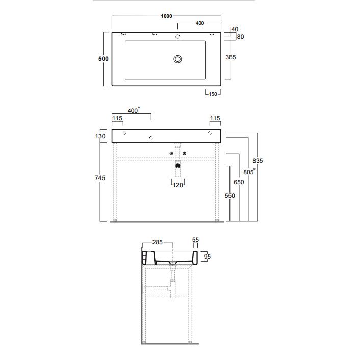 Simas Frozen консоль 100х50см с 1 отв. выбитым вручную, для установки на структуре, цвет белый, артикул FZ12bi*1