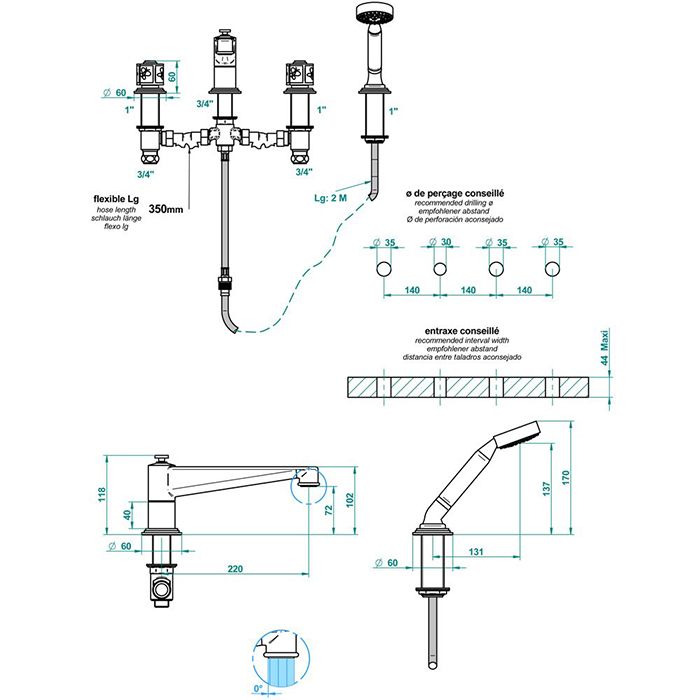 THG CAPUCINE VERT DECOR PLATINE Смеситель на борт ванны, на 4 отверстия, с ручным душем, декор платина/зеленый, цвет хром