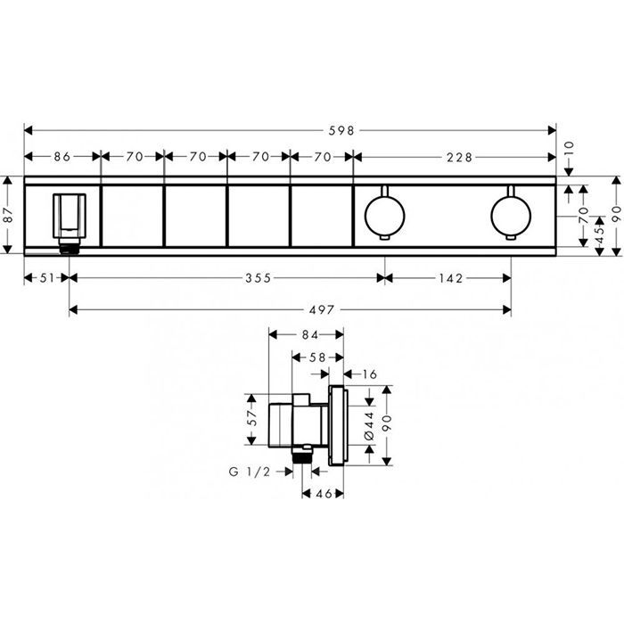 Смеситель для душа, Hansgrohe, RainSelect, тип открывания воды-с 4 кнопками, тип установки-встраиваемый, комплектация-ручка, гильза, розетка, функциональный блок, внутренняя часть-необходимо заказать, цвет-белый/хром, защита от обратного тока воды