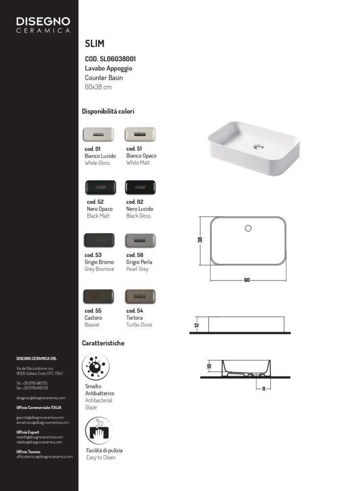 Disegno ceramica Slim, накладная прямоугольная раковина с закругленными краями 60х38хh12 см, цвет белый глянцевый, артикул SL06038001