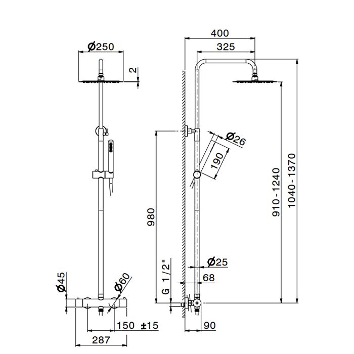Newform X-STEEL 316 Душевая стойка с термо смес., верхний душ 250 мм, ручной душ, шланг 150 см, цвет: INOX