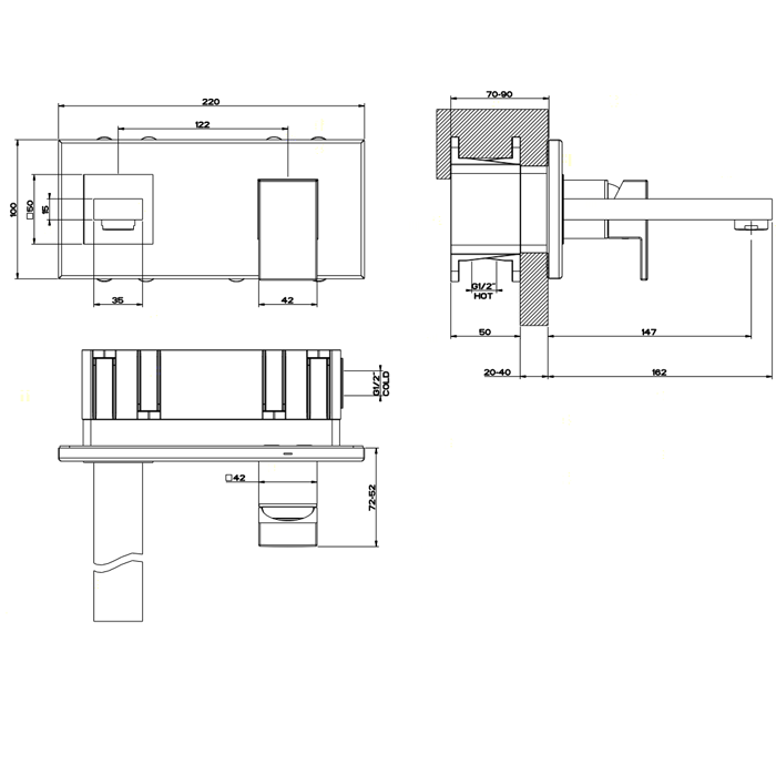 Gessi Rettangolo Встраиваемый однорычажный смеситель, излив 146мм(внешние части), цвет: хром