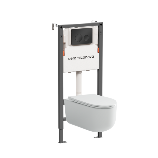 Комплект Подвесной унитаз Ульма (Ulma) Безободковый (Rimless) + Система инсталляции Баланс (Balance) кнопка Круг (Circle), черный матовый