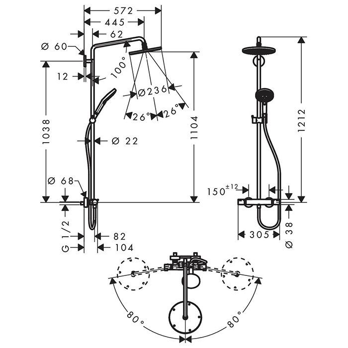 HG Raindance S Душевая система Showerpipe: верх.душ 240 1jet, ручн.душ, шланг, термостат, EcoSmart, цвет: хром HG Raindance S Душевая система Showerpipe: верх.душ 240 1jet, ручн.душ, шланг, термостат, EcoSmart, цвет: хром
