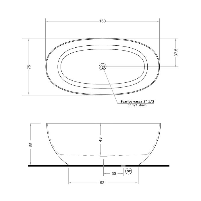 Gruppo Treesse Vera Ванна отдельностоящая овальная 150х72х55см из искусственного камня, цвет белый глянцевый