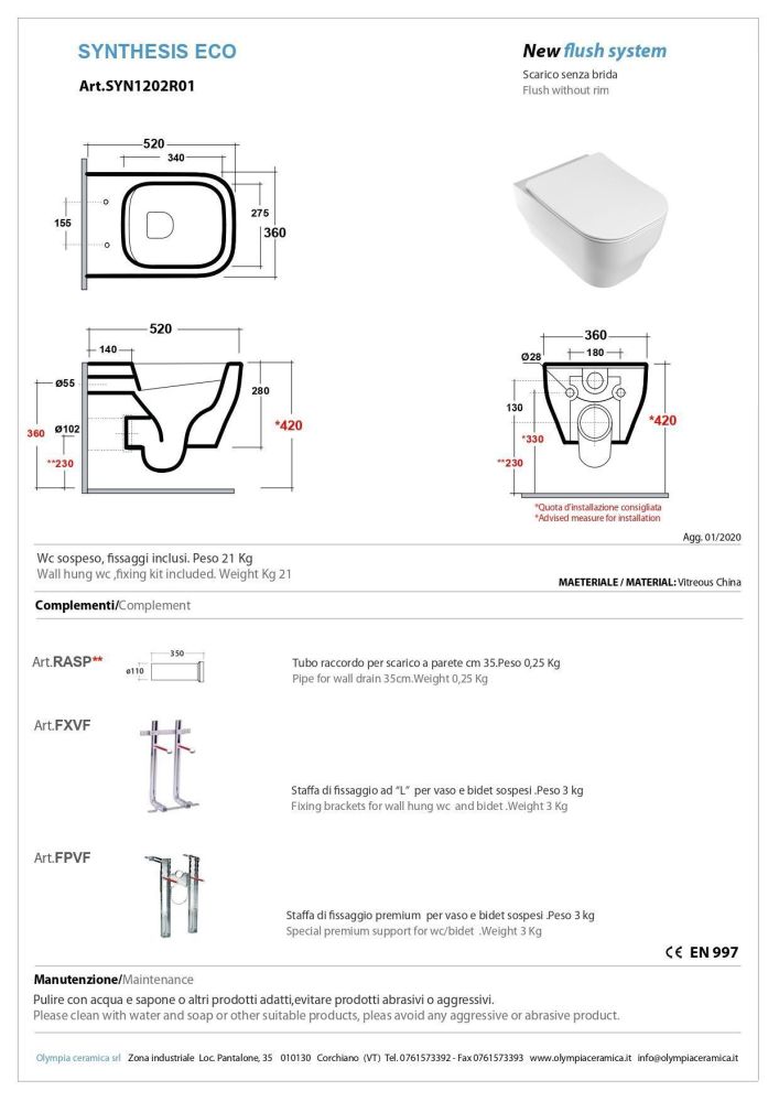 Olympia Synthesis Eco, подвесной безободковый унитаз c крепежом, 52x36 см, цвет белый матовый