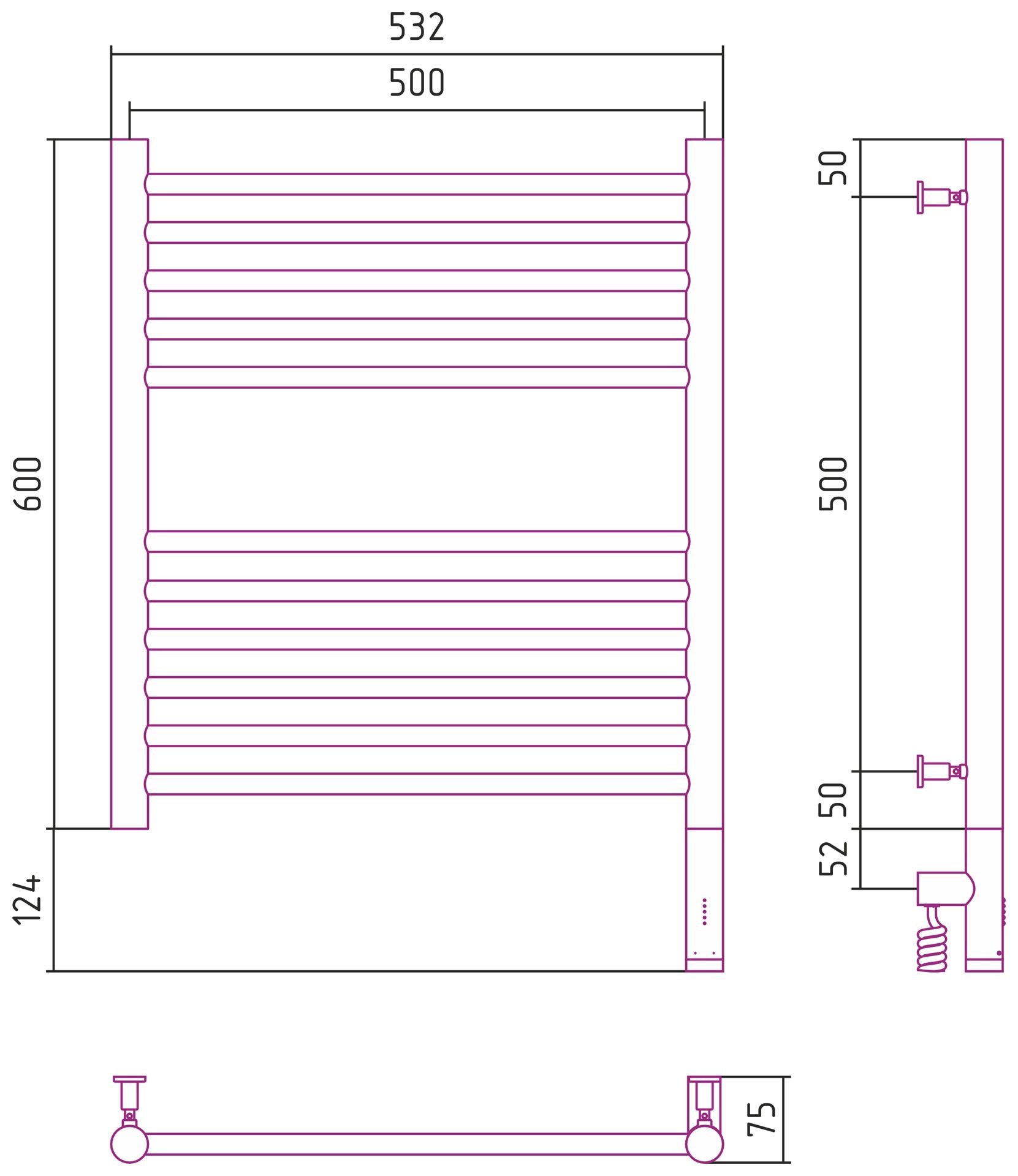 Полотенцесушитель электрический "БОГЕМА 3.0" прямая 600х500 / МЭМ правый (Матовый белый)