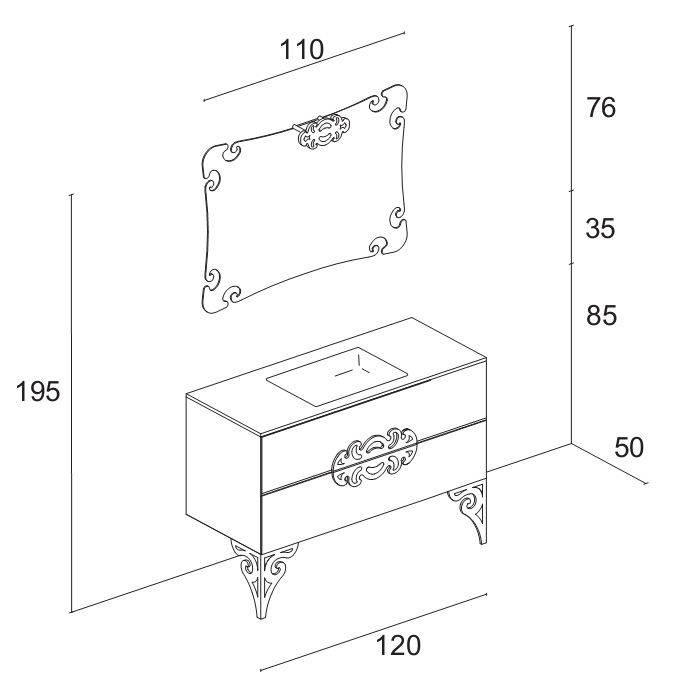 Eurolegno Glamour раковина-моноблок стеклянный 120,6х50,2см без перелива, с 1отв. под смеситель, отделка FOGLIA ORO