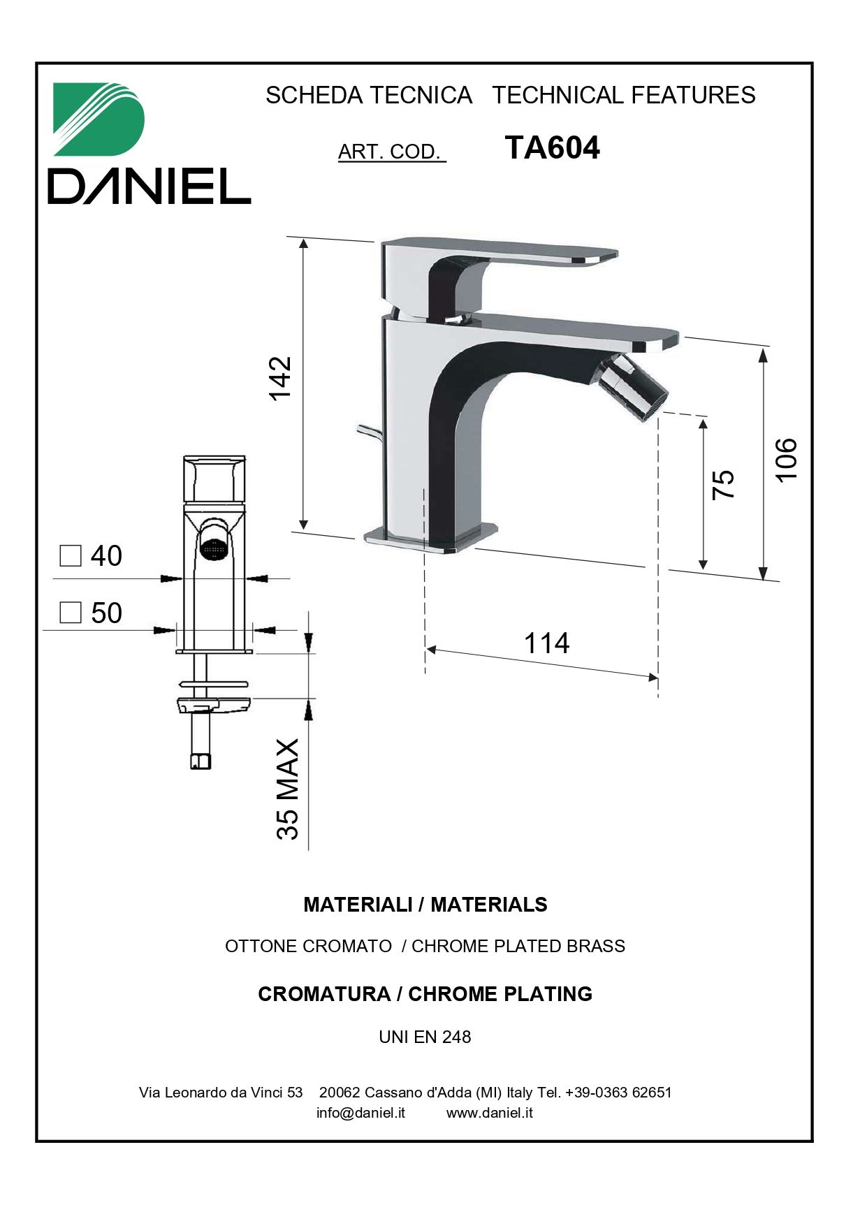 Daniel Tiara, однорычажный смеситель для биде с донным клапаном, цвет бронза