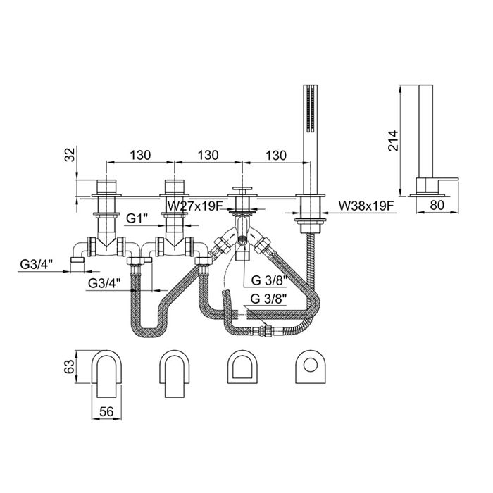 Fantini Mare Смеситель на борт ванны, на 2 источника, 4 отв., с ручн душем, без излива, цвет: хром