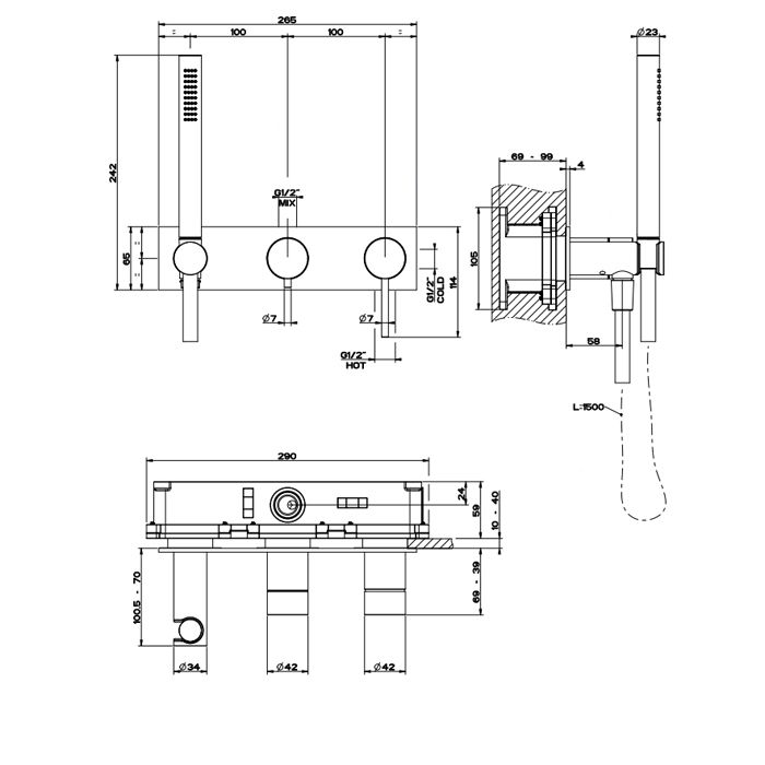 GESSI 316 Встраиваемый смеситель для ванны, автомат переключатель ванна-душ, держатель неподвижный (внешняя часть), цвет: steel brushed