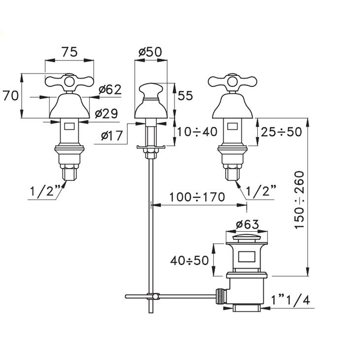 Stella Roma Смеситель для биде на 3 отверстия 3600, без излива, с донным клапаном, цвет: хром