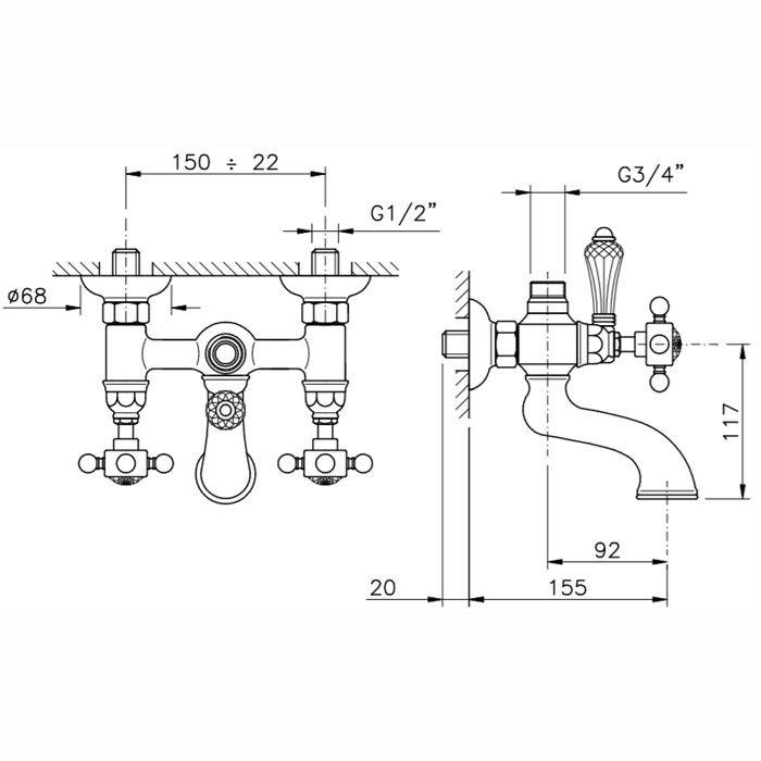 Nicolazzi Dames Anglaises Смеситель для ванны и душа, настенный, с 2мя ручками, на 2 отв., цвет: хром