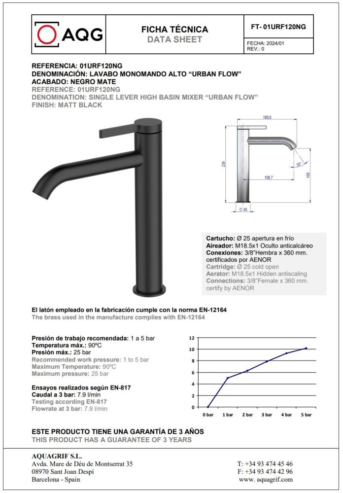 AQG Urban Flow, высокий однорычажный смеситель для раковины без донного клапана, цвет черный матовый