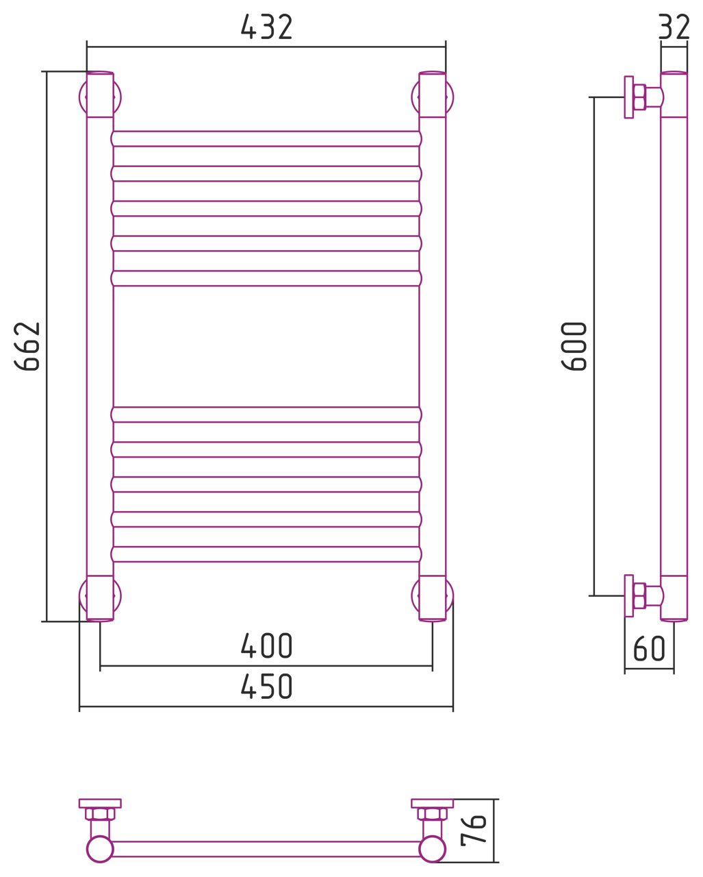 Полотенцесушитель, Сунержа, Богема +, прямая, водяной, ширина, мм-450, глубина, мм-76, высота, мм-662, межосевое расстояние-400, подключение-диагональное/нижнее/вертикальное, температура теплоносителя-до 95°С, мощность-Вт-302, присоединительный размер-НР 