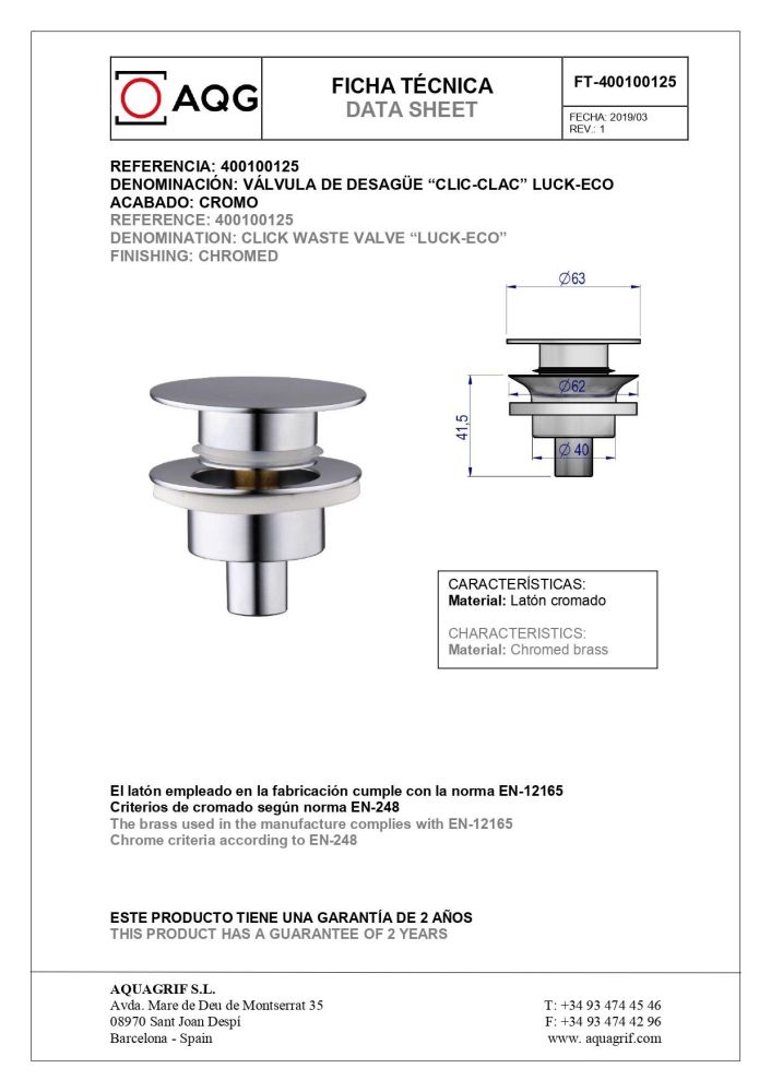 AQG, верхняя часть донного клапана click-clack, цвет хром, артикул 400100125