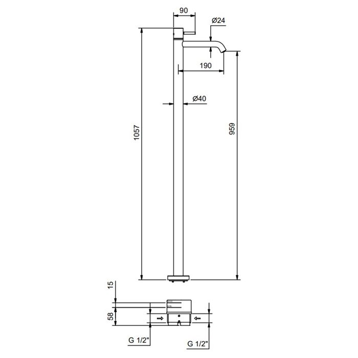 Смеситель для раковины, Fantini, Nostromo, тип открывания воды-однорычажный, тип установки-напольный, отверстия для монтажа-1, высота, мм-1057, вынос излива, мм-146, внутренняя часть-необходимо заказать, цвет-хром