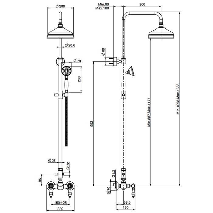 Fima Carlo Frattini Herend Душевая стойка, верхний душ 20см., со смесителем, ручным душем и держателем, черные ручки, цвет: хром Fima Carlo Frattini Herend Душевая стойка, верхний душ 20см., со смесителем, ручным душем и держателем, черные ручки, цвет: хром