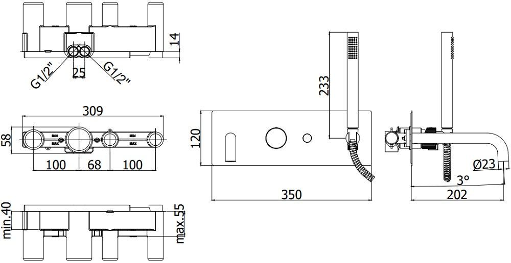 Смеситель для ванны с душем Paffoni Jo JO001CR (с внутренней частью)