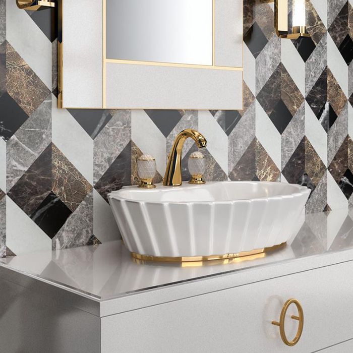 OASIS PLISSE Раковина 655х455х160 мм., для установки на столешницу, с 3 отверстиями для смесителя, окантовка золото, цвет белый