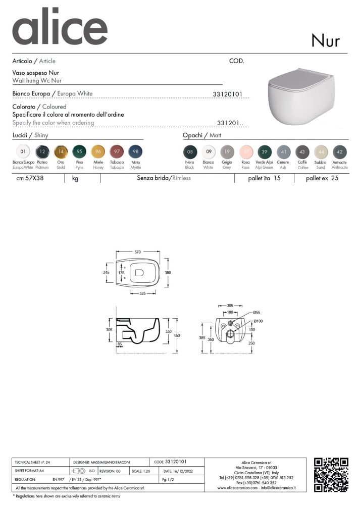Alice Nur, подвесной безободковый унитаз c крепежом fix10, 57x38 см, цвет белый глянцевый, артикул 33120101
