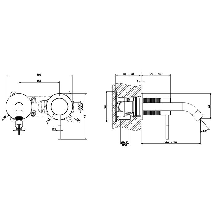 GESSI 316 Встраиваемый смеситель для раковины с изливом 146-116мм (внешняя часть), цвет: brushed black metal pvd