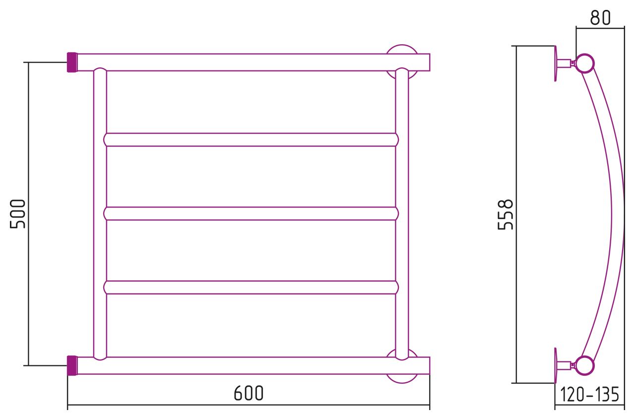 Полотенцесушитель СТИЛЬЕ "Минор 0602" 500х600 (3) Г (Без покрытия)