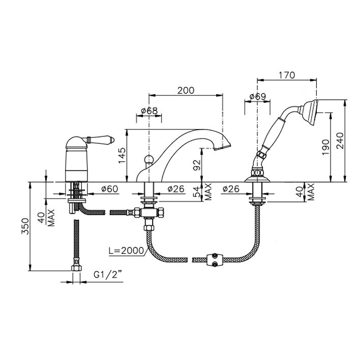 Nicolazzi P.m. Blanc Смеситель на борт ванны на 3 отверстия, с изливом 200мм и ручным душем, ручки белая керамика, цвет: бронза, артикул 3414BZ76