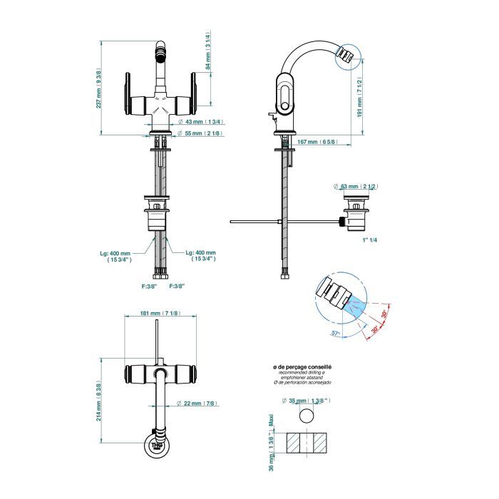 THG CORVAIR A MANETTES FIOR DI BOSCO Смеситель для биде на 1 отверстие, 2-х вентильный, с донным клапаном, цвет хром
