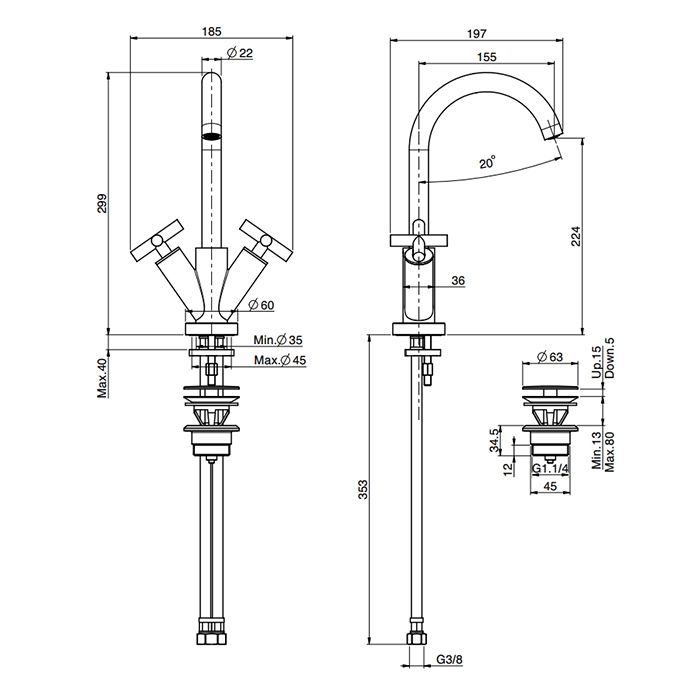 Смеситель для раковины, Fima Carlo Frattini, Maxima, тип открывания воды-вентильный, монтаж-на раковину/столешницу, отверстия для монтажа-1, высота, мм-299, вынос излива, мм-155, тип излива-поворотный, донный клапан-есть, тип подводки-гибкая, стандарт под Смеситель для раковины, Fima Carlo Frattini, Maxima, тип открывания воды-вентильный, монтаж-на раковину/столешницу, отверстия для монтажа-1, высота, мм-299, вынос излива, мм-155, тип излива-поворотный, донный клапан-есть, тип подводки-гибкая, стандарт под