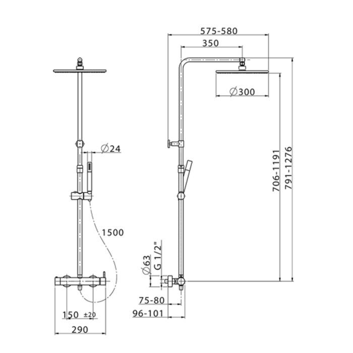CISAL Slim Душевая стойка с верхним душем 300мм, ручной лейкой, цвет хром