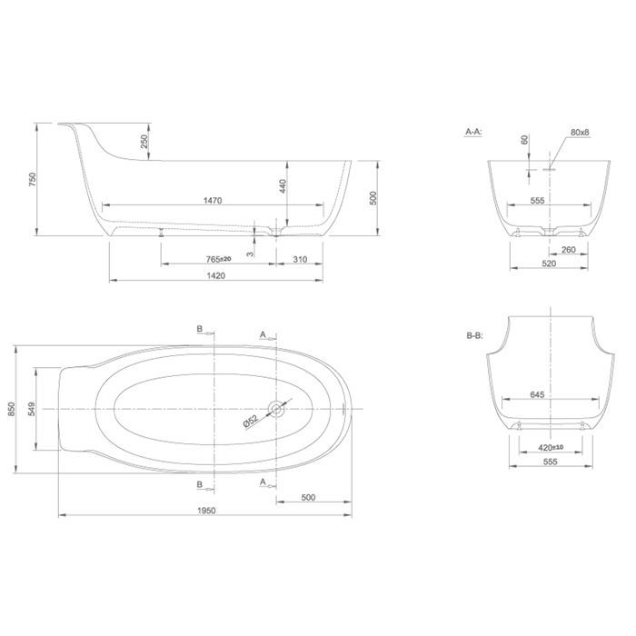 Ванна, KNIEF, Prime Oval, ширина, мм-1950, глубина, мм-850, высота, мм-750/500, тип установки-отдельностоящий, с высокой спинкой, слив-перелив-в комплекте, материал-K-Stone, цвет-белый матовый