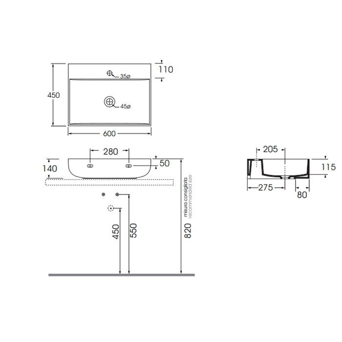 AZZURRA LEUCA Раковина накладная 60х45х14 см, с 1 отв. под смеситель, цвет белый